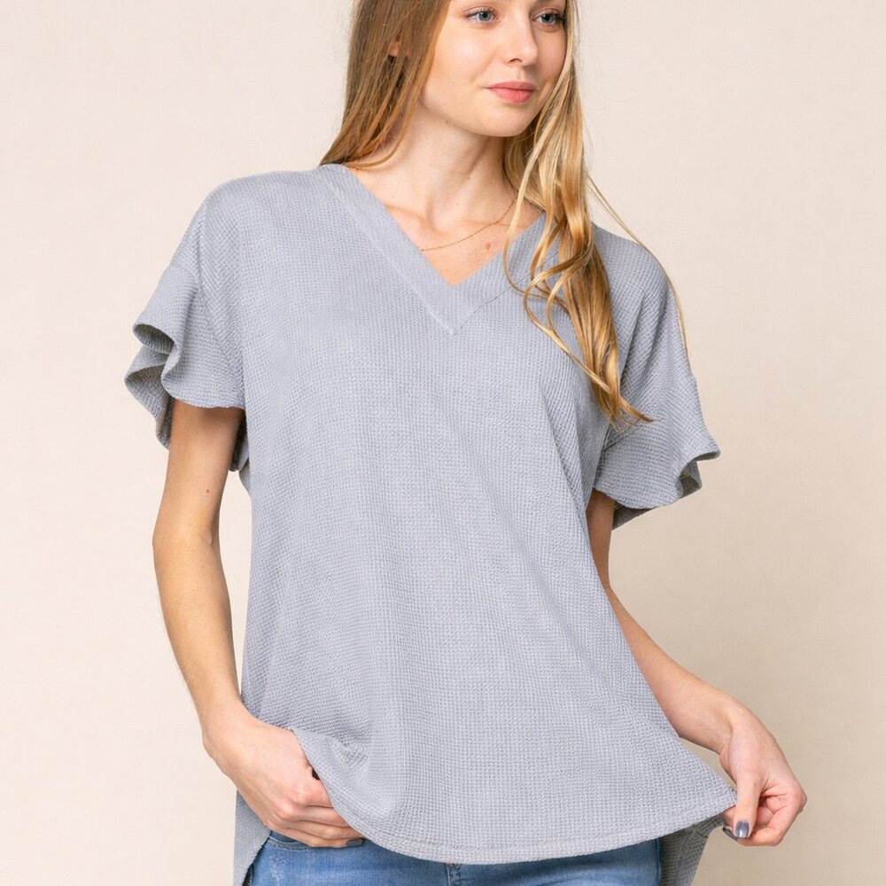 DOE & RAE Grey Waffle Knit V-Neck Flutter Sleeve Top w/ Back Cutout Soft Casual
